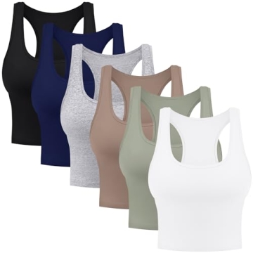 6 Pieces Basic Cotton Crop Tank Tops Sleeveless Racerback Sports Tops Workout Yoga Crop Tops for Wom...