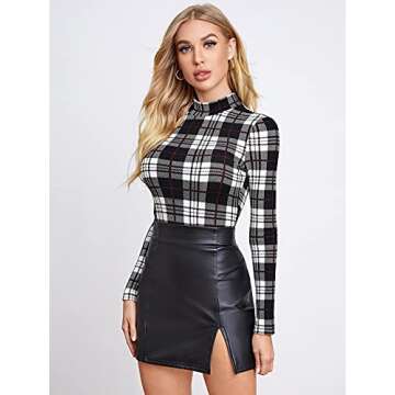 Floerns Women's Striped Print Long Sleeve Mock Neck Rib Knit Tee Shirts Tops Black and White L