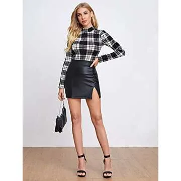 Floerns Women's Striped Print Long Sleeve Mock Neck Rib Knit Tee Shirts Tops Black and White L