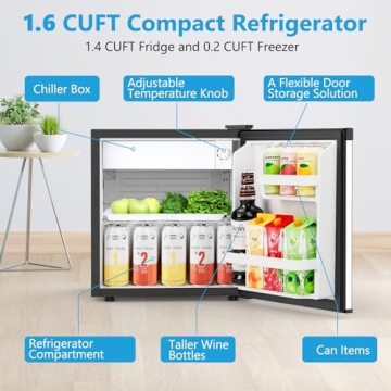 Electactic 1.6 Cu.ft Mini Fridge with Freezer, Compact Single Reversible Door Refrigerator, Adjustab...
