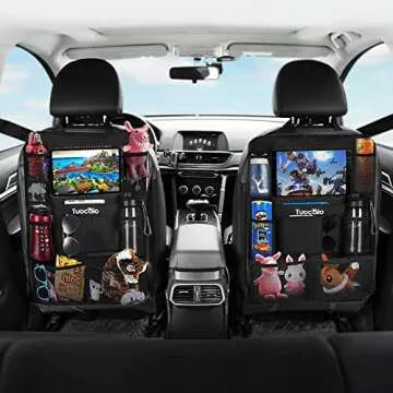 Tuocalo Car Backseat Organizer, Kick Mats Back Seat Protector with Touch Screen Tablet Holder, Car Back Seat Organizer for Kids, Car Travel Accessories, Kick Mat with 9 Storage Pockets 2 Pack