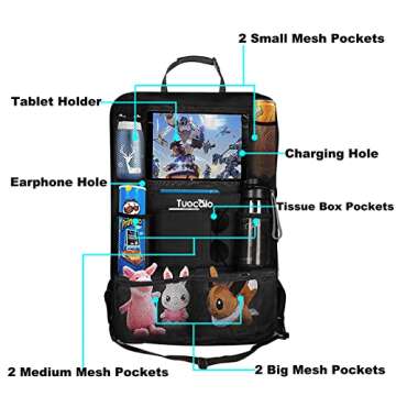 Tuocalo Car Backseat Organizer, Kick Mats Back Seat Protector with Touch Screen Tablet Holder, Car Back Seat Organizer for Kids, Car Travel Accessories, Kick Mat with 9 Storage Pockets 2 Pack