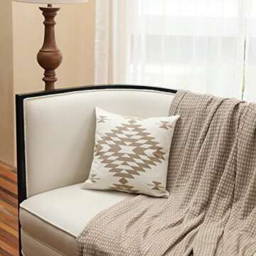 IKATYARN Beige Aztec Pattern Embroidery Throw Pillow Cover,Boho Tribal Geometric Pillowcase, Modern Farmhouse Brown Cushion Case for Couch Sofa Bed, 18"x18"