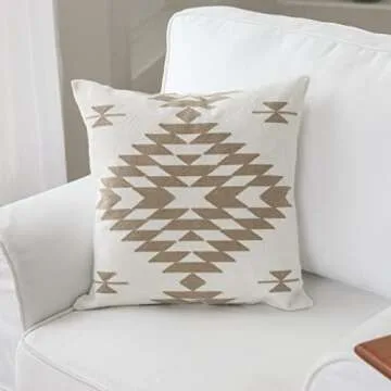 IKATYARN Beige Aztec Pattern Embroidery Throw Pillow Cover,Boho Tribal Geometric Pillowcase, Modern Farmhouse Brown Cushion Case for Couch Sofa Bed, 18"x18"