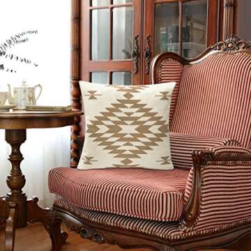 IKATYARN Beige Aztec Pattern Embroidery Throw Pillow Cover,Boho Tribal Geometric Pillowcase, Modern Farmhouse Brown Cushion Case for Couch Sofa Bed, 18"x18"