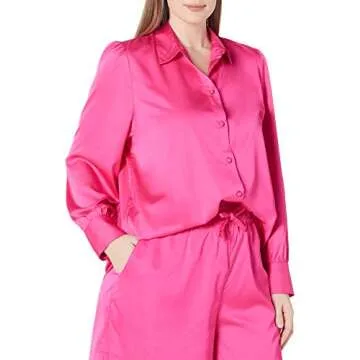 The Drop Women's @Lucyswhims Long-Sleeve Button Down Stretch Satin Shirt, Hot Pink, Medium