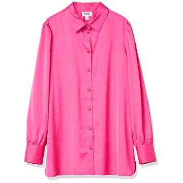 The Drop Women's @Lucyswhims Long-Sleeve Button Down Stretch Satin Shirt, Hot Pink, Medium