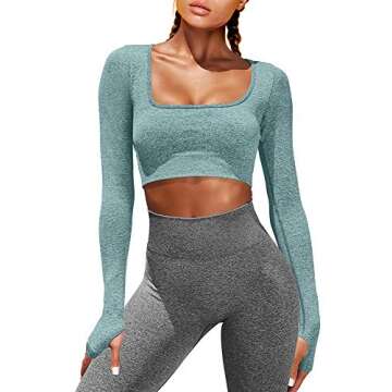 HYZ Women's Sports Yoga Gym Stretch Bodycon Crop Top Compression Workout Athletic Long Sleeve Shirt DarkGreen