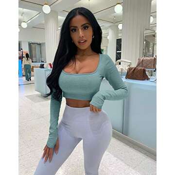 HYZ Women's Sports Yoga Gym Stretch Bodycon Crop Top Compression Workout Athletic Long Sleeve Shirt DarkGreen