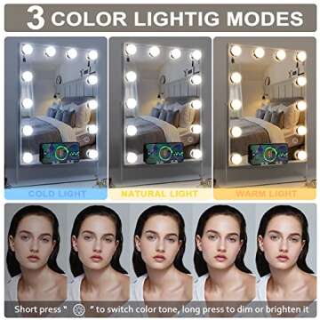Hansong Vanity Mirror with Lights and Wireless Charging Makeup Mirror with Lights and Music Speaker 12 LED Bulbs Upgraded Hollywood Mirror 3 Color Lighting Modes White