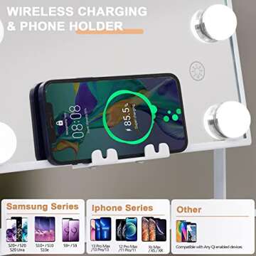 Hansong Vanity Mirror with Lights and Wireless Charging Makeup Mirror with Lights and Music Speaker 12 LED Bulbs Upgraded Hollywood Mirror 3 Color Lighting Modes White