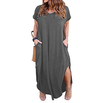 Nemidor Women's Casual Loose Pocket Long Dress Short Sleeve Plus Size Slit Maxi Dress (26, Grey)