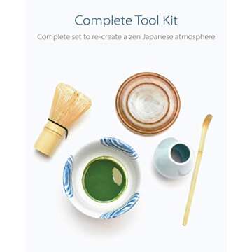APEX S.K. Matcha Whisk Set – Blue Rings White and Blue Brush Stroke Chawan Bowl with Bamboo Whisk, Holder, Scoop, and Wooden Coaster – Japanese Ceremonial Matcha Tea Kit for Green Tea