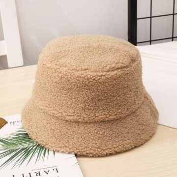 GuanGu Winter Fuzzy Bucket Hat Women Men Warm Teddy Lamb Wool Fisherman Hats(Beige Lamb Wool)