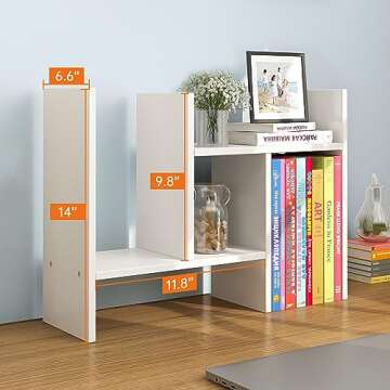 YSJILIDE Wood Adjustable Small Desktop Bookshelf, Expandable Desktop Storage Organizer, Desktop Orga...
