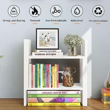 YSJILIDE Wood Adjustable Small Desktop Bookshelf, Expandable Desktop Storage Organizer, Desktop Organizer Office Storage Rack, Display Shelf Rack, Office Supplies Desk Organizer(White)