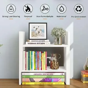 YSJILIDE Wood Adjustable Small Desktop Bookshelf, Expandable Desktop Storage Organizer, Desktop Organizer Office Storage Rack, Display Shelf Rack, Office Supplies Desk Organizer(White)