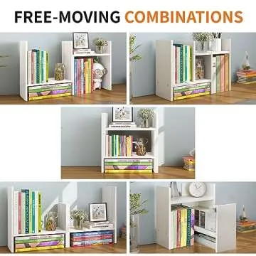 YSJILIDE Wood Adjustable Small Desktop Bookshelf, Expandable Desktop Storage Organizer, Desktop Organizer Office Storage Rack, Display Shelf Rack, Office Supplies Desk Organizer(White)
