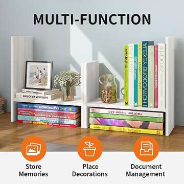 YSJILIDE Wood Adjustable Small Desktop Bookshelf, Expandable Desktop Storage Organizer, Desktop Organizer Office Storage Rack, Display Shelf Rack, Office Supplies Desk Organizer(White)