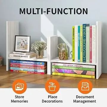 YSJILIDE Wood Adjustable Small Desktop Bookshelf, Expandable Desktop Storage Organizer, Desktop Organizer Office Storage Rack, Display Shelf Rack, Office Supplies Desk Organizer(White)