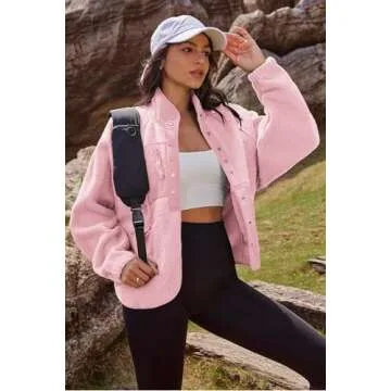 Nirovien Sherpa Jacket Women Fleece Jacket Button Down Jacket with Pockets Fuzzy Coat Teddy Bear Jacket(Peaches,S)