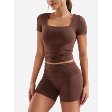 YEOREO Lounge Sets for Women 2 Piece Short Sleeve Square Neck Tops Casual Outfits Fold Over Shorts Workout Tracksuit Brown M