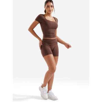 YEOREO Lounge Sets for Women 2 Piece Short Sleeve Square Neck Tops Casual Outfits Fold Over Shorts Workout Tracksuit Brown M