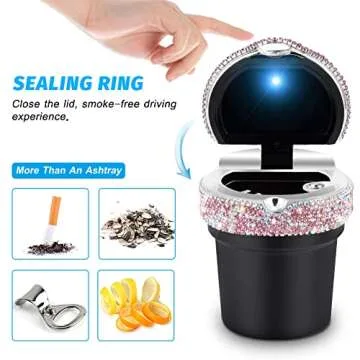 eing Car Ashtray Portable Bling Cigarette Smokeless Cylinder Cup Holder with Blue LED Light Indicator and 2 Replacement Batteries,Car Accessories for Women,Ideal for Car,Home and Office,1-Pack Pink