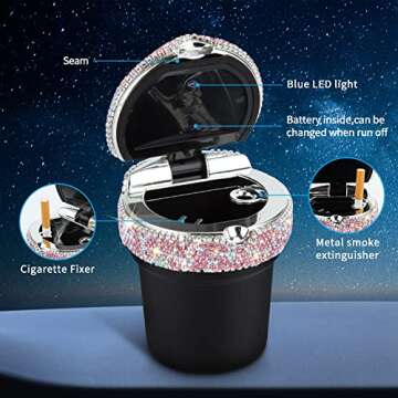 eing Car Ashtray Portable Bling Cigarette Smokeless Cylinder Cup Holder with Blue LED Light Indicator and 2 Replacement Batteries,Car Accessories for Women,Ideal for Car,Home and Office,1-Pack Pink