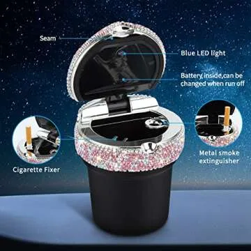 eing Car Ashtray Portable Bling Cigarette Smokeless Cylinder Cup Holder with Blue LED Light Indicator and 2 Replacement Batteries,Car Accessories for Women,Ideal for Car,Home and Office,1-Pack Pink