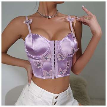Testudineus Women Silky Satin Front Push Up Bustier Chic Butterfly Applique Corset Bra Vest Tight Sleeveless Tube Top