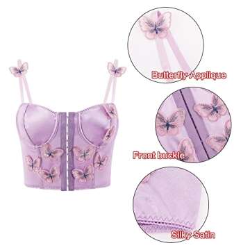 Testudineus Women Silky Satin Front Push Up Bustier Chic Butterfly Applique Corset Bra Vest Tight Sleeveless Tube Top