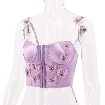Testudineus Women Silky Satin Front Push Up Bustier Chic Butterfly Applique Corset Bra Vest Tight Sleeveless Tube Top