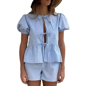 Aonoapll Women 2 Piece Pajama Set Gingham Short Sleeve Tie Front Shirt and Shorts Lounge Set Sleepwe...