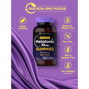 Carlyle Melatonin Gummies 10mg | 180 Count | Adult Drug Free Aid | Berry Flavor | Vegan, Non-GMO, Gluten Free Supplement