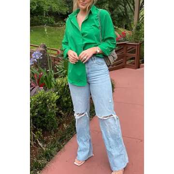 BIG DART Oversized Button Down Shirts for Women, Dressy Casual Long Sleeve Blouses Summer Tops Tunics (US, Alpha, Large, Regular, Regular, Dark Green)