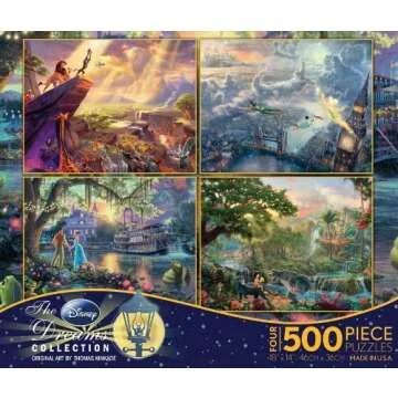 Ceaco - 4 in 1 Multipack - Thomas Kinkade - Disney Dreams Collection - Lion King, Peter Pan, Princess & the Frog, & Jungle Book - (4) 500 Piece Jigsaw Puzzles