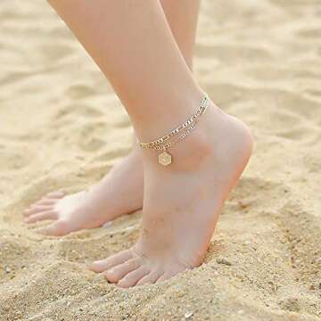 Memorjew Ankle Bracelets, 14K Gold Plated Layered Letter A Initial Anklets for Summer Foot Jewelry Gifts for Women