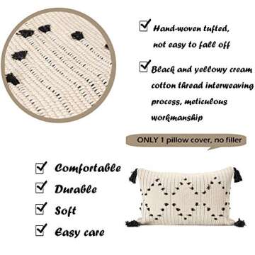 EIGRAMSET Bigcozy Boho Lumbar Pillow Cover Tassel, Farmhouse Small Cream Decorative, Modern Moroccan Accent Tribal Cotton Woven Pillow Case, 12"x20" (Yellowy Cream), Beige, jjcover1113-beige-30x50