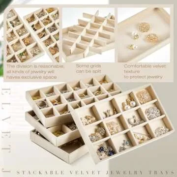 Junkin 12 Pcs Jewelry Tray Velvet Stackable Jewelry Organizer Trays Divided Earring Accessories Storage Containers Box(Beige)