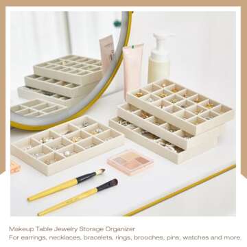 Junkin 12 Pcs Jewelry Tray Velvet Stackable Jewelry Organizer Trays Divided Earring Accessories Storage Containers Box(Beige)