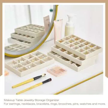Junkin 12 Pcs Jewelry Tray Velvet Stackable Jewelry Organizer Trays Divided Earring Accessories Storage Containers Box(Beige)