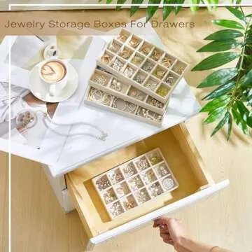 Junkin 12 Pcs Jewelry Tray Velvet Stackable Jewelry Organizer Trays Divided Earring Accessories Storage Containers Box(Beige)