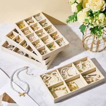 Junkin 12 Pcs Jewelry Tray Velvet Stackable Jewelry Organizer Trays Divided Earring Accessories Storage Containers Box(Beige)