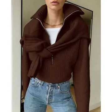 BTFBM Women's Half Zip Pullover Fall Winter Sweaters Casual Long Sleeve V Neck Loose Slouchy Ribbed Knit Jumper Tops(Solid Brown, Small)