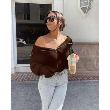 BTFBM Women's Half Zip Pullover Fall Winter Sweaters Casual Long Sleeve V Neck Loose Slouchy Ribbed Knit Jumper Tops(Solid Brown, Small)