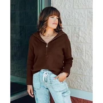 BTFBM Women's Half Zip Pullover Fall Winter Sweaters Casual Long Sleeve V Neck Loose Slouchy Ribbed Knit Jumper Tops(Solid Brown, Small)
