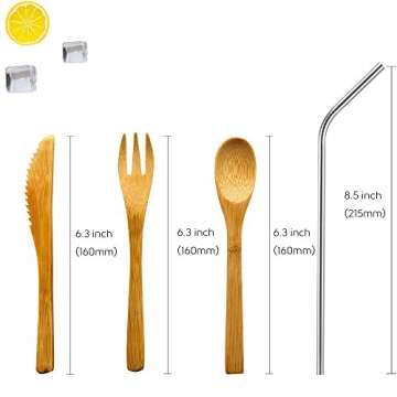 Reusable Bamboo Utensils Cutlery for Kids - 6 inch Travel Set, Bamboo Honey Spoon Fork Knife, 8.5 inch Stainless Steel Metal Straw with cleaning brush,To go Camping Lightweight Children Cutlery kit