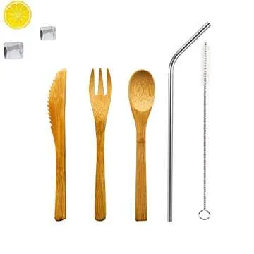 Reusable Bamboo Utensils Cutlery for Kids - 6 inch Travel Set, Bamboo Honey Spoon Fork Knife, 8.5 inch Stainless Steel Metal Straw with cleaning brush,To go Camping Lightweight Children Cutlery kit