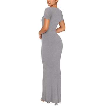 REORIA Women's Summer Sexy Casual Lounge Long Dress Elegant Wedding Guest Short Sleeve Crew Neck Bodycon Maxi Dresses Light Grey Medium